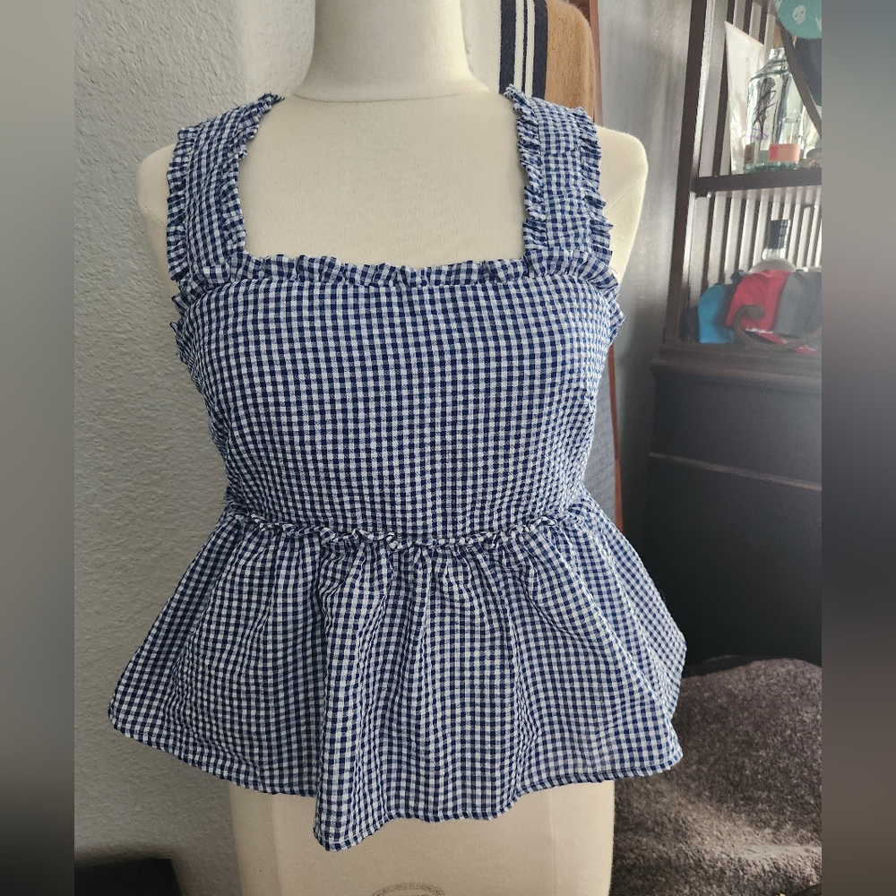 Blue checkered peplum top